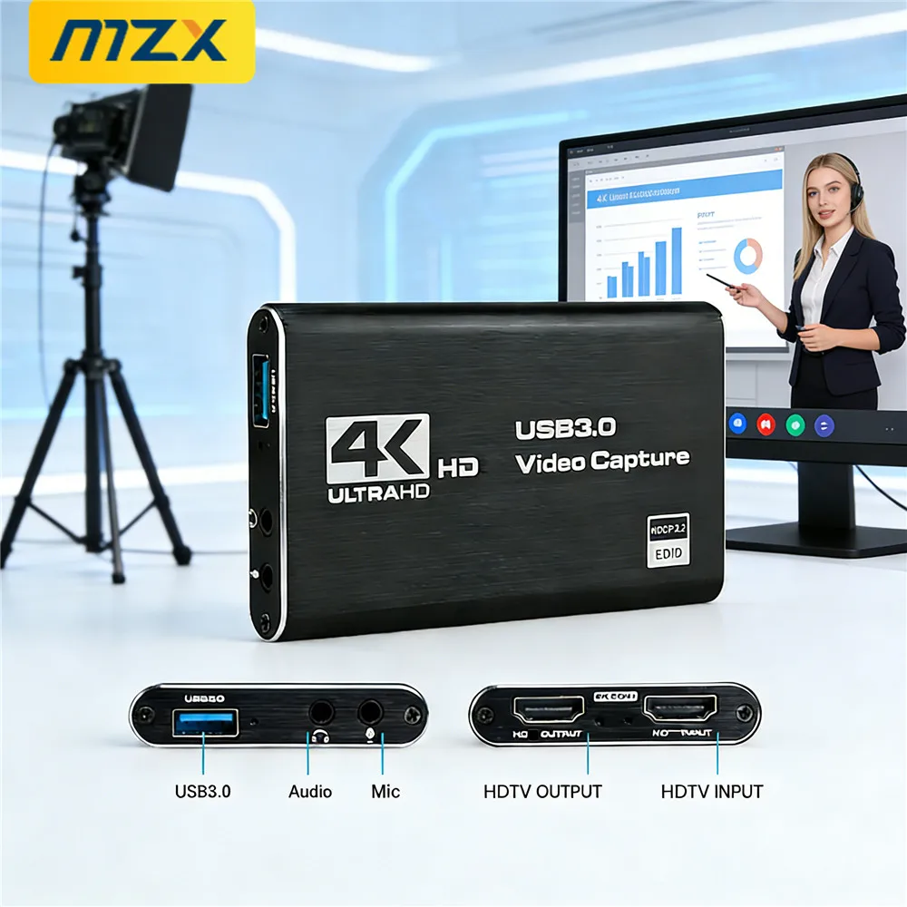 MZX USB 3.0 Video-Aufnahmekarte 1080P 4K HDMI-Kompatibel 60Hz 30Hz 60fps 30fps Live-Recorder Grabber Capturer Spiel-Audio-Mikrofon