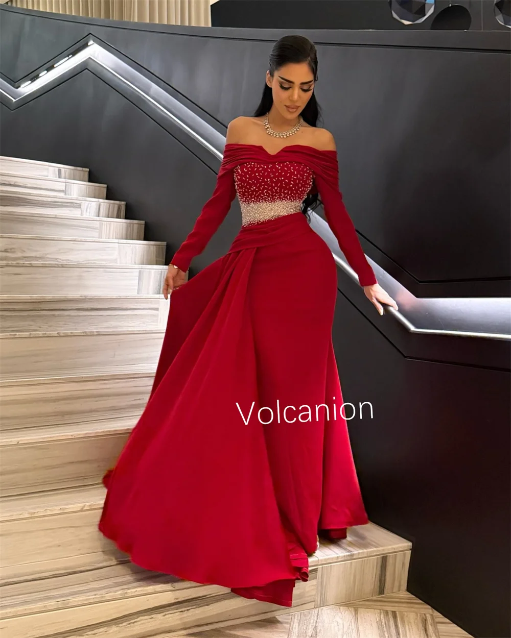 تخصيص الرسمي جيرسي مطرزة الطية مستقيم خارج على الكتف فساتين طويلة مناسبة مخصصة رائعة