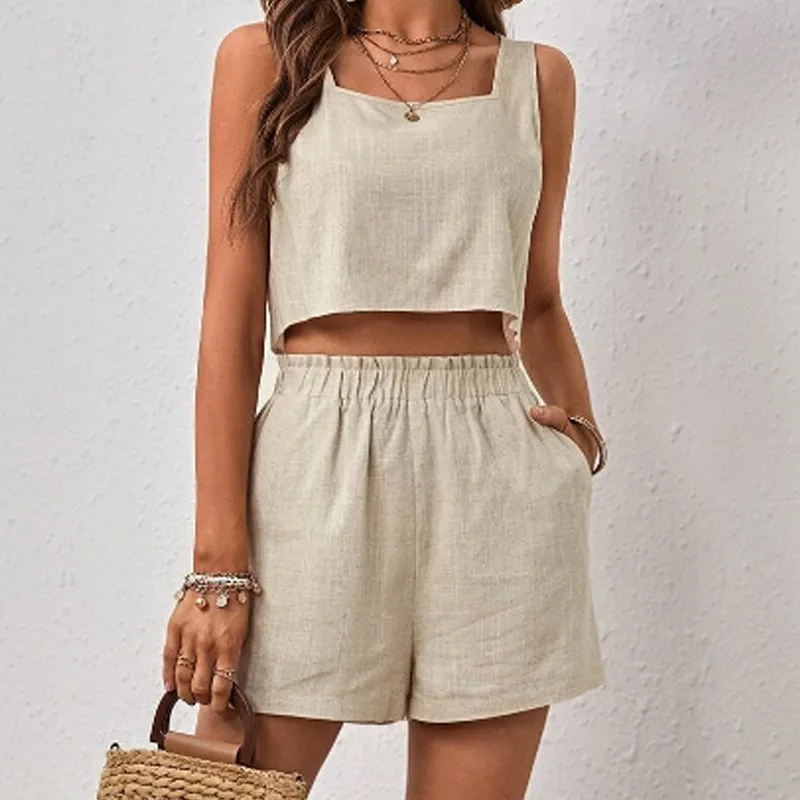 Women\'s Cotton Linen Sleeveless Top Shorts Set 2024 Summer New Casual Backless Tops Elastic Waist Pocket Shorts Two-Piece Suit