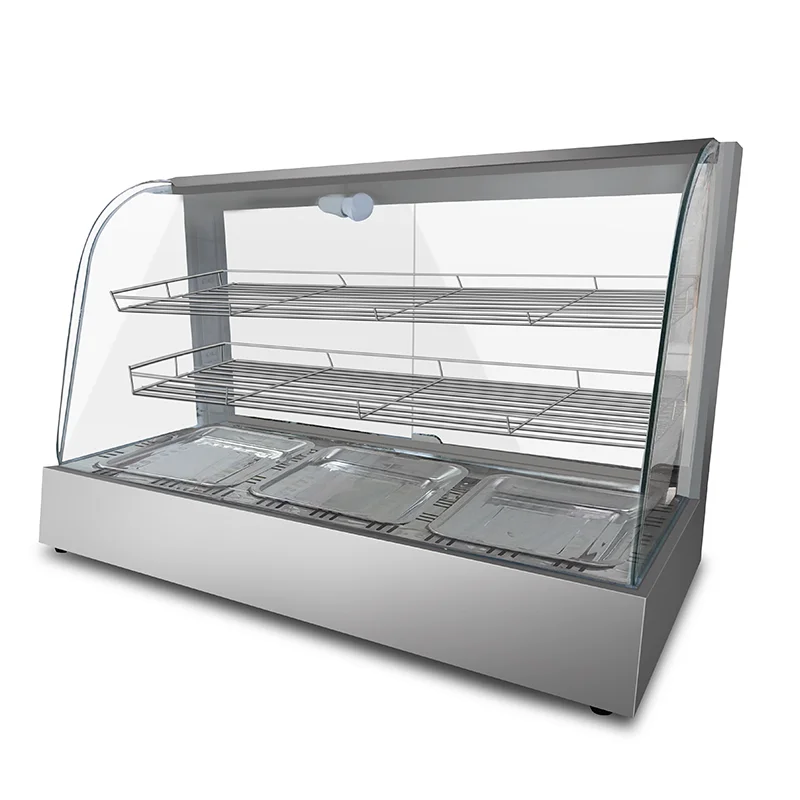 

Professional Fast Food Warmer Display Showcase Curved Glass Stainless Steel Warming Showcase