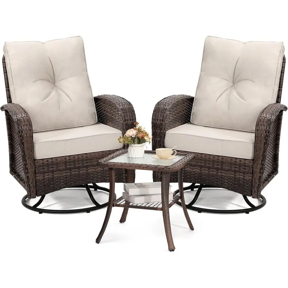 

Elegant Rattan Swivel Glider Patio Set with Cushions, Perfect for Deck or Balcony, Brown Wicker with Beige Cushions