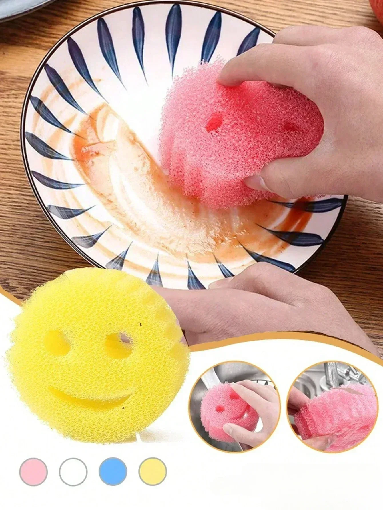 2/4PCS smiling face Dishwashing Sponge Cloth Strong Scouring Pad Kitchen Bathroom Miracle Sponge Stain Odor Resistant Migic Wipe