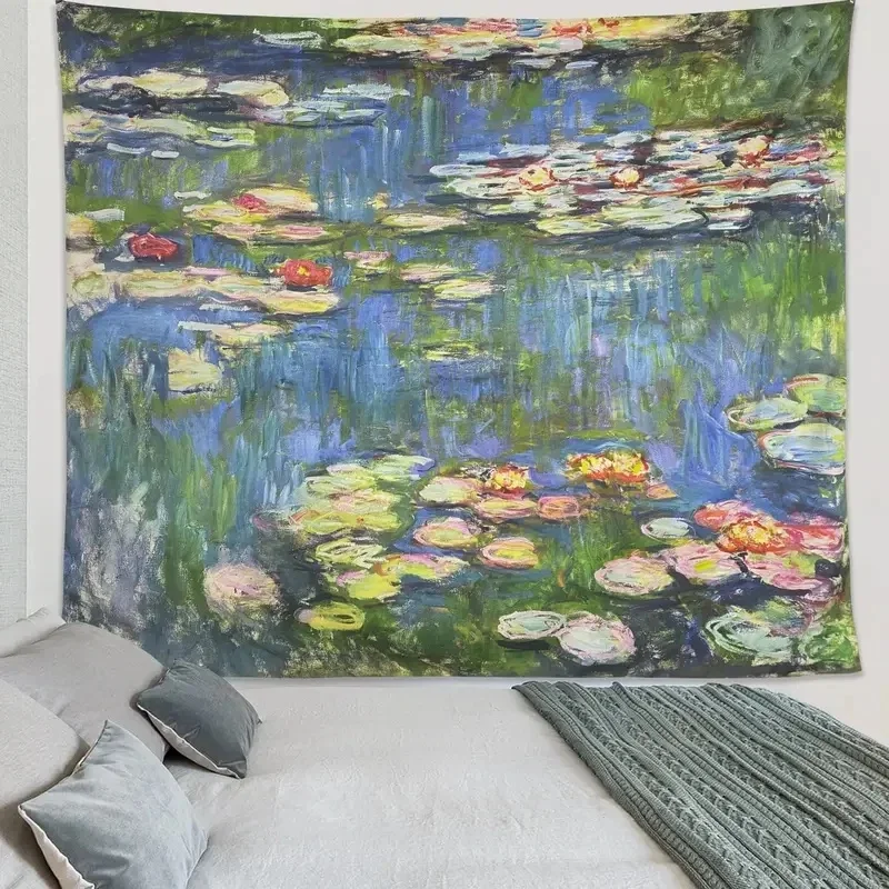 VIKAMA Monet Water Lilies Tapestry Famous Oil Painting Print Wall Hanging Art Decor for Bedroom Living Room Home Decoration