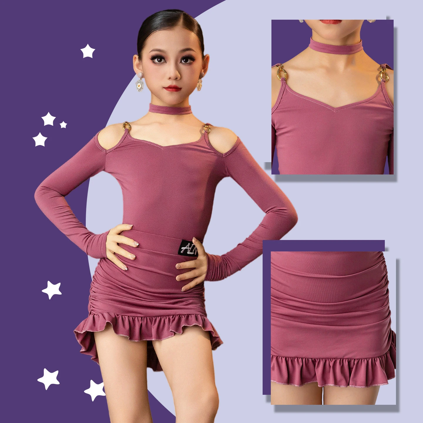 

2026 New Off-Shoulder Tops Split Skirts Suit Latin Dance Performance Costumes For Girls Samba Chacha Kids Latin Dress DQS22070