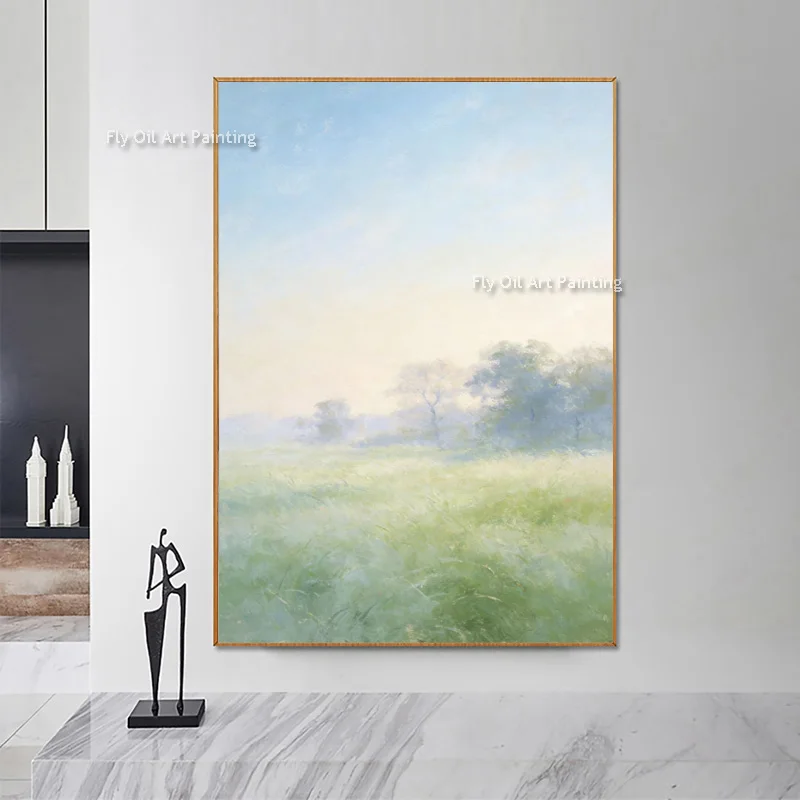 Specail Design Green And Blue Landscape Canvas Thick Oil Painting Hand Painted Modern Home Wall Decor Items Beige Artwork