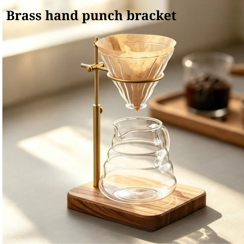 Retro Adjustable Solid Wood Brass Hand‑Brewed Coffee Drip Stand Coffee Filter Holder Kitchen Storage Rack