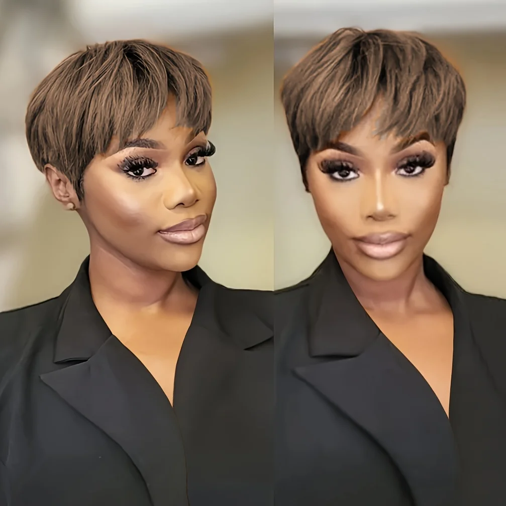 4 # 99J/1Bカラーのピクシーカットストレート人毛ウィッグ、女性用フルマシンメイドウィッグ、ショートレイヤードストレートウィッグ（前髪付き）