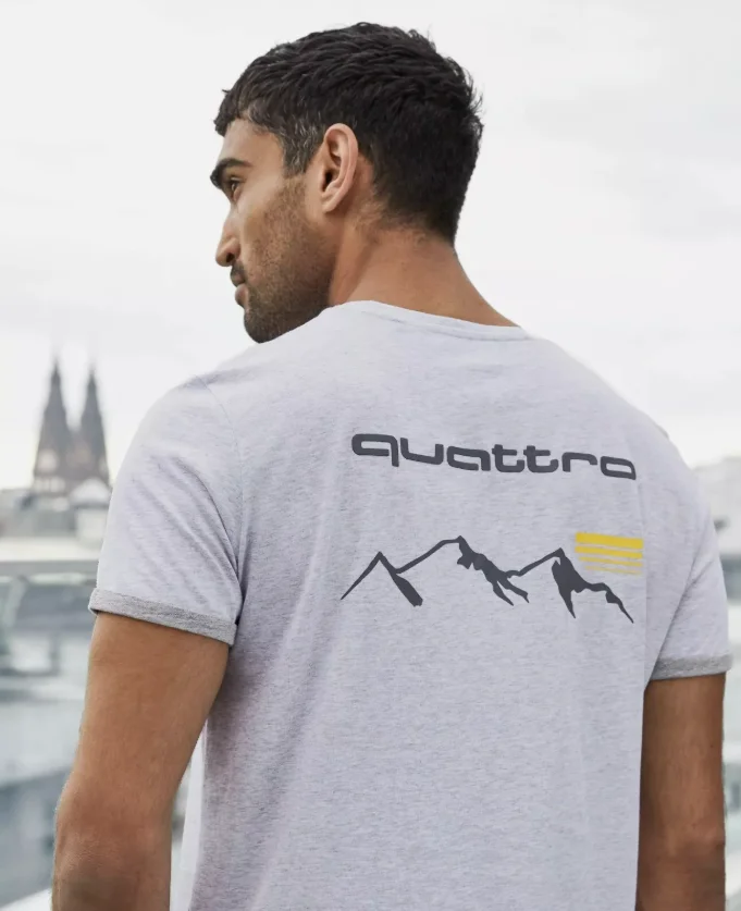 

2025 Summer Audi Men's Grey T-Shirt Short Sleeve High Quality Cotton Casual Top Work Wear, Business, Street Top