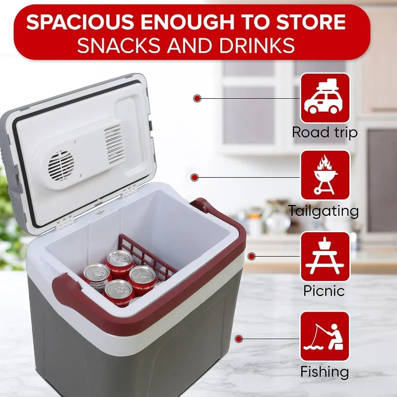 Koolatron Electric Portable Cooler Plug in 12V car Cooler 25 L (26 qt), No Ice Thermo Electric Portable Fridge, Gray/White.