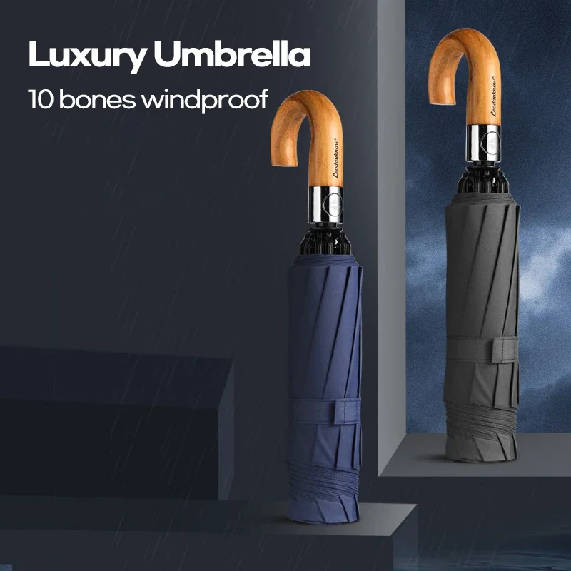 Luxury Reverse Umbrella Men Wooden Handle Large Automatic Umbrella Windproof Strong 10 Ribs Foldable Big Rain Umbrella Golf