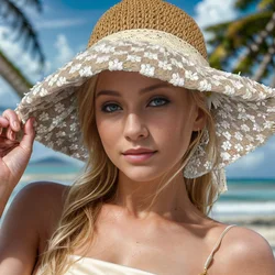 Summer Women's Travel Beach Cap Wide Brim Sun Hat Retro Elegant Sun Protection Flower Lace Straw Hat Grass Fashion Holiday Caps