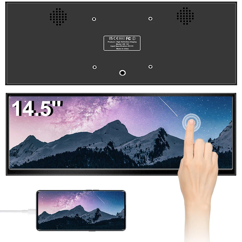 Moniteur à écran tactile 12.3 /14.5 pouces, HDMI et Type C, 1920x720/2.5K, écran IPS, barre LCD, affichage de la température du ordinateur, écran large