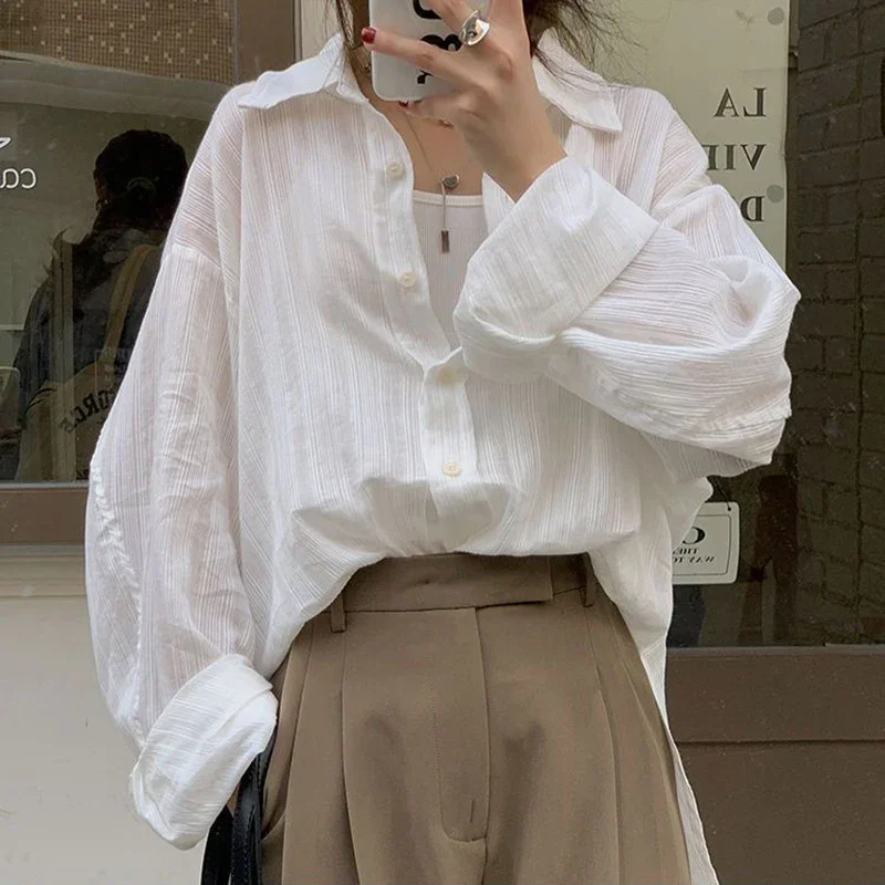 Gidyq Women Translucent Shirt Korean Casual Folds Loose Long Sleeve Sun Proof Clothes Summer Fashion Female All Match Top camisa