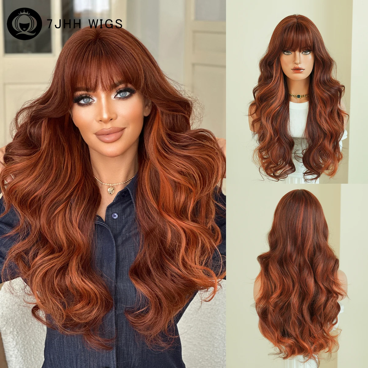 7JHH WIGS Lange Wasserwellen-Orange Perücke für Frauen, Hochdichte Synthetische Modische Perücke zum Sofortigen Tragen, Kupferfarbene Perücken mit Gepflegtem Pony