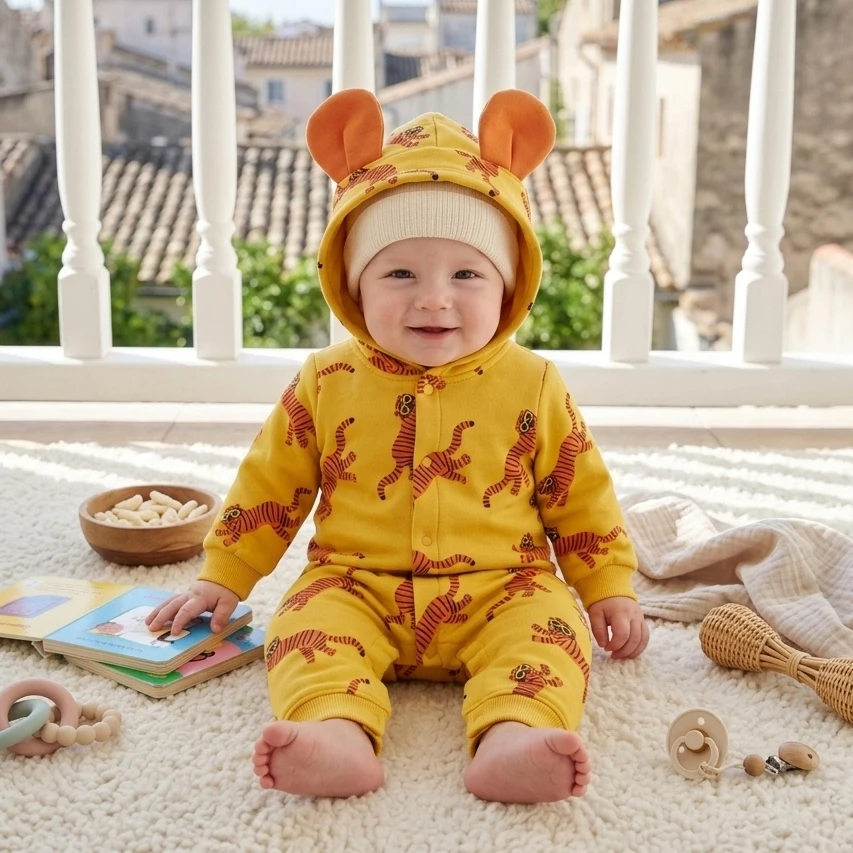 Toddlers Clothing Thickened Hooded Winter Long Sleeve Warm Baby Boys Rompers Cute Tiger Printing