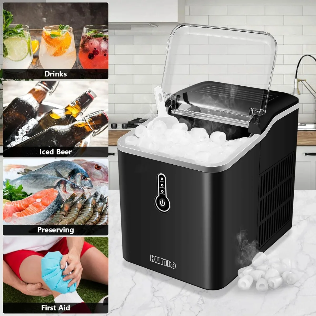 Ice Makers Countertop, 9 Thick Bullet Ice Ready in 6-9 Mins, 26.5 Lbs in 24Hrs, Portable Ice Maker | USA | NEW