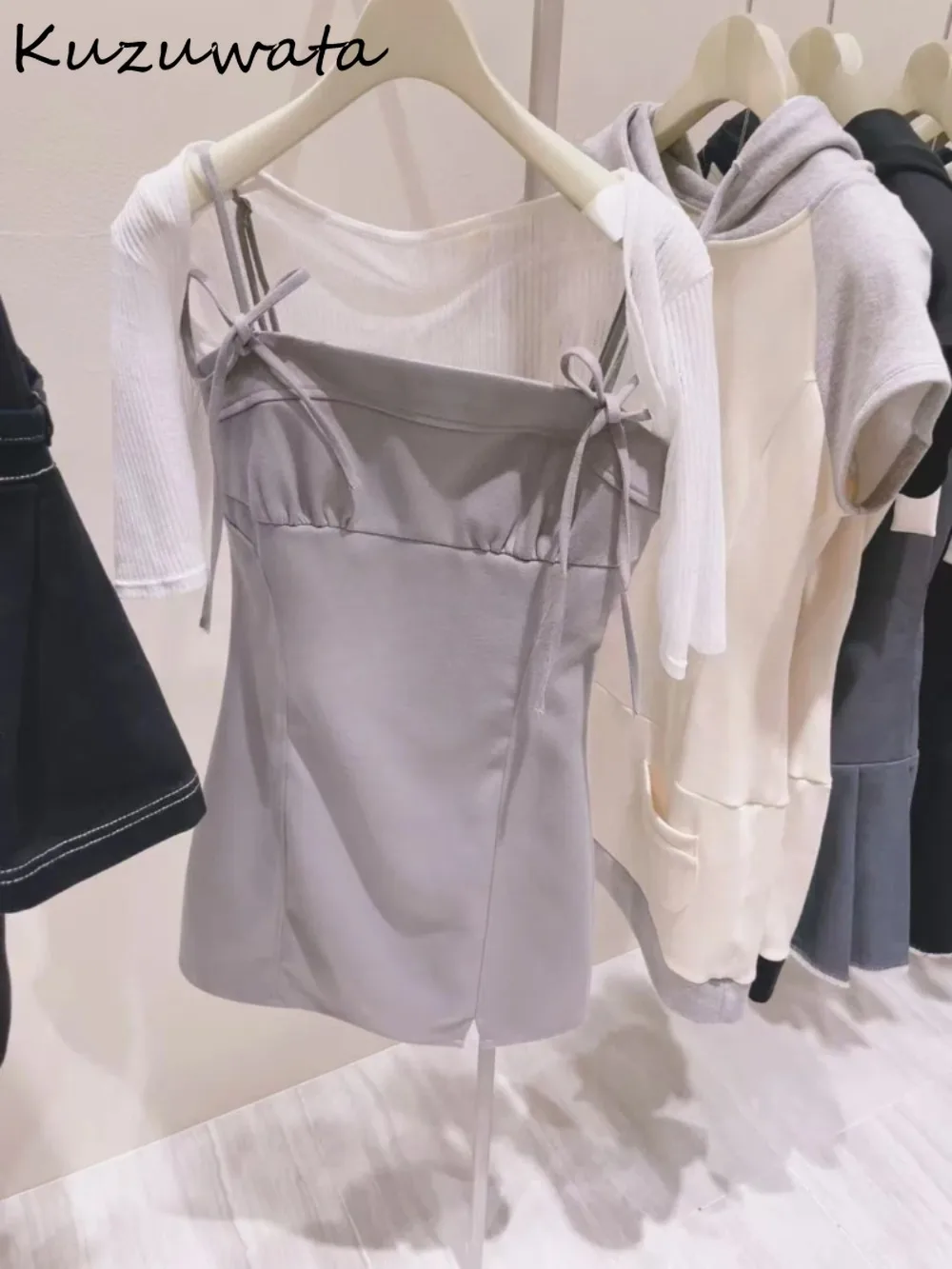 

Kuzuwata Slim Square Collar Advanced Elegant Robe Smock Lace Up Strapless Sling Vestidos Japanese Patchwork Casual Sexy Dresses