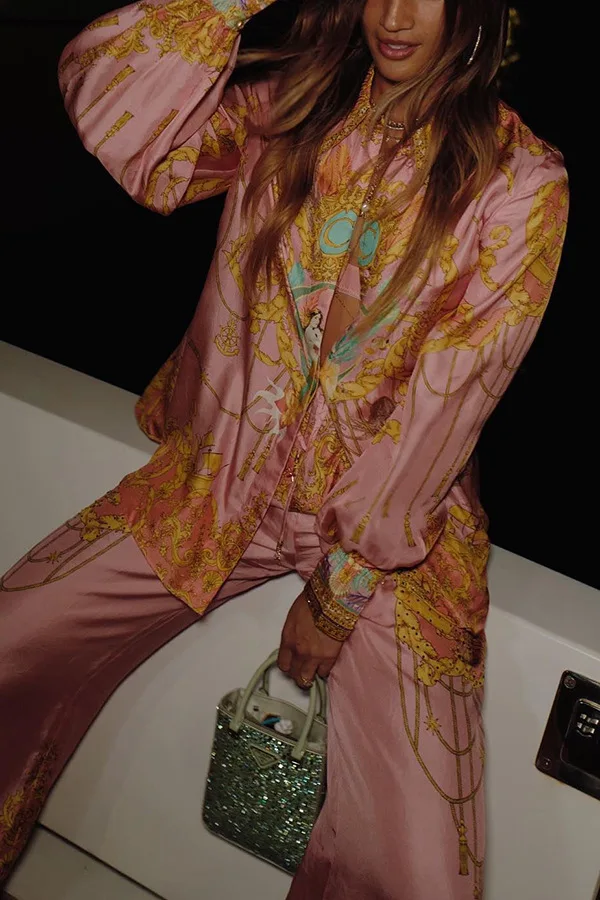 ملابس السباحة التستر الشاطئ النساء فستان صيف 2025 قفطان صيدا دي برايا جديد الترفيه عطلة طويلة الأكمام الوردي قميص مطبوع السراويل