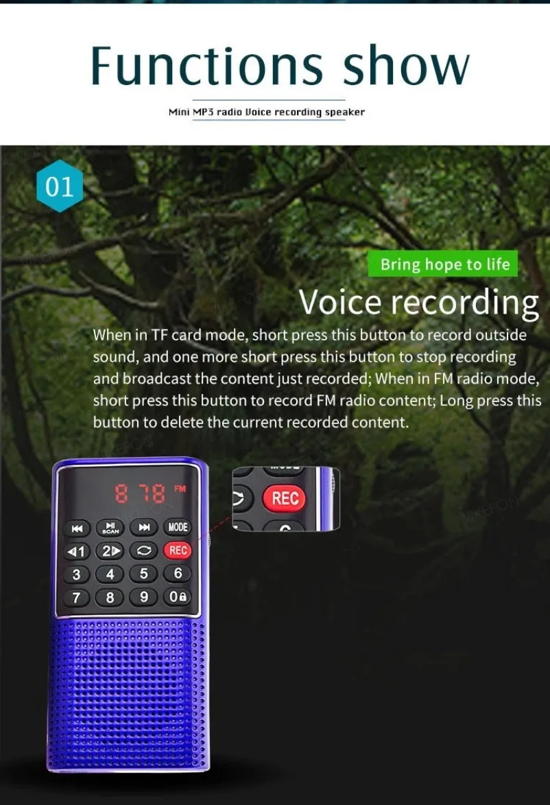 VIKEFON Tragbares Mini-FM-Radio, kabelloser Lautsprecher, MP3-Musik-Player mit Aufnahmefunktion, unterstützt Freisprechfunktion, TF-Karte, USB-Kopfhörerwiedergabe – Detail 13
