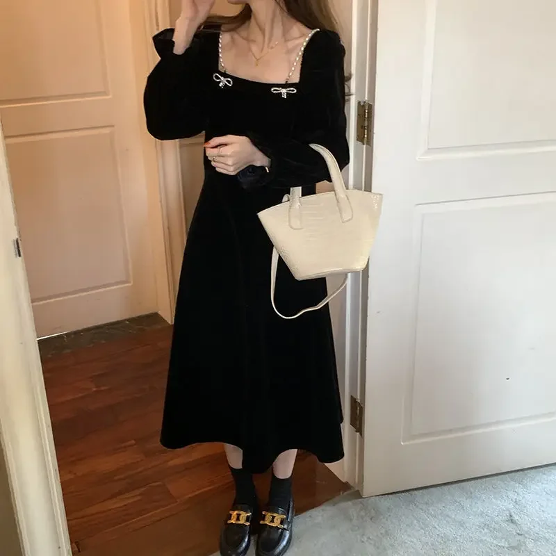 

Spring Autumn Velvet Beading Midi Dress Women Fashion Prom Luxury Party Evening Vestidos Korean Elegant Y2k Dress