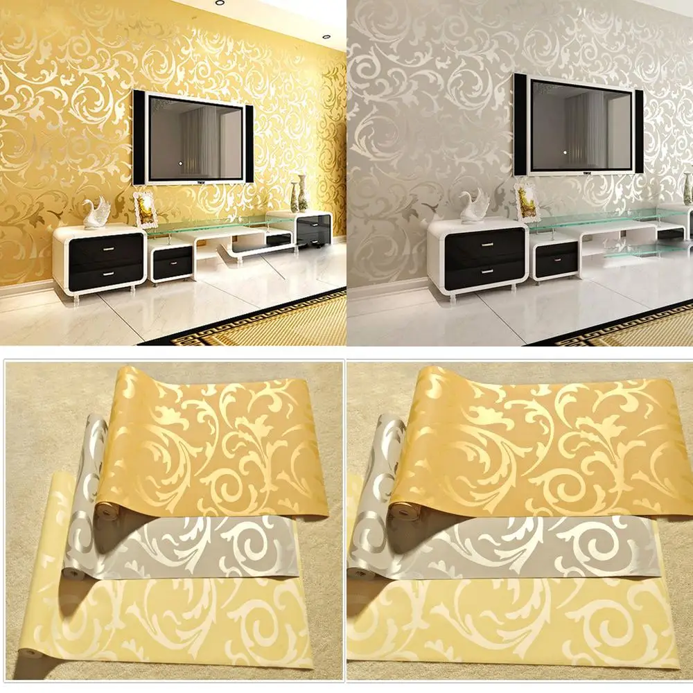 

Non woven wallpaper for bedroom living room TV background gold silver gray European acanthus leaf design factory wholesale