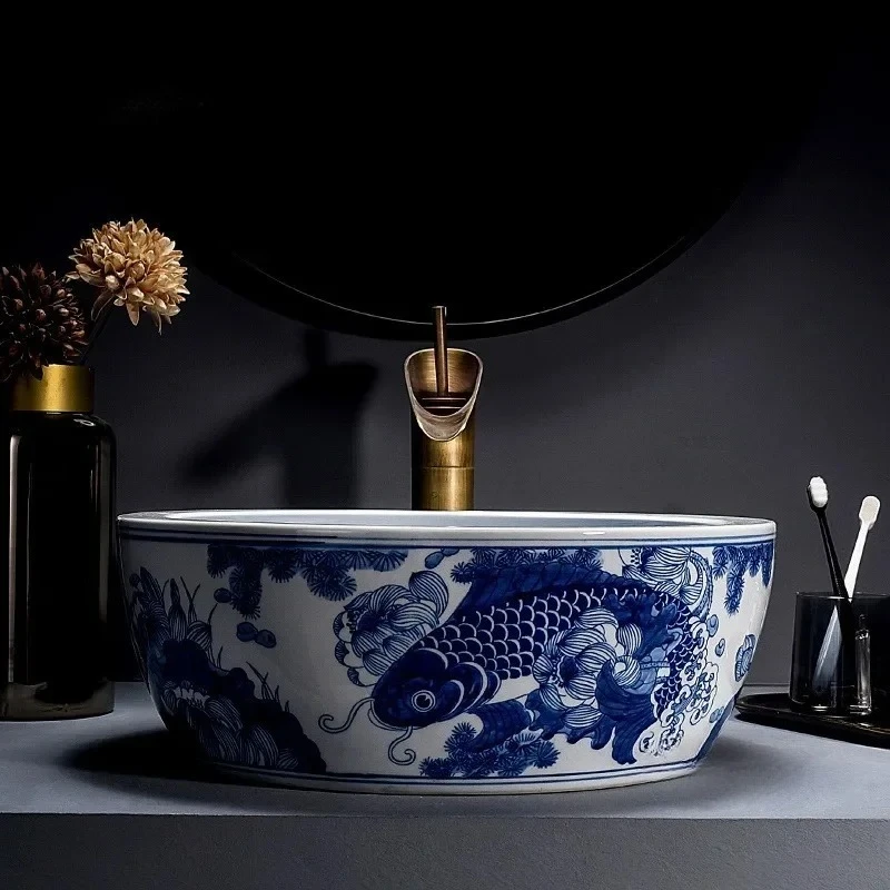 Blue and White High Temperature Ceramic Washbasin Bathroom Sinks on Countertop Basin Home Balcony Washbasin Bathroom
