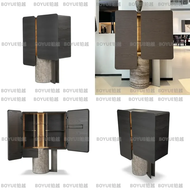 Luxury Solid Wood Wine Cabinet with LED Light Modern Wall Mounted Sideboard Storage Locker for Dining Room Villa Home Decor