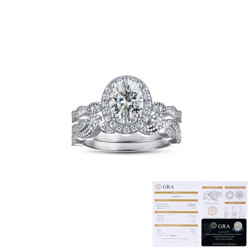 Hot selling retro ring pattern 100% s925 pure silver ring 1.5 carat moissanite diamond 2-piece set ring wedding jewelry
