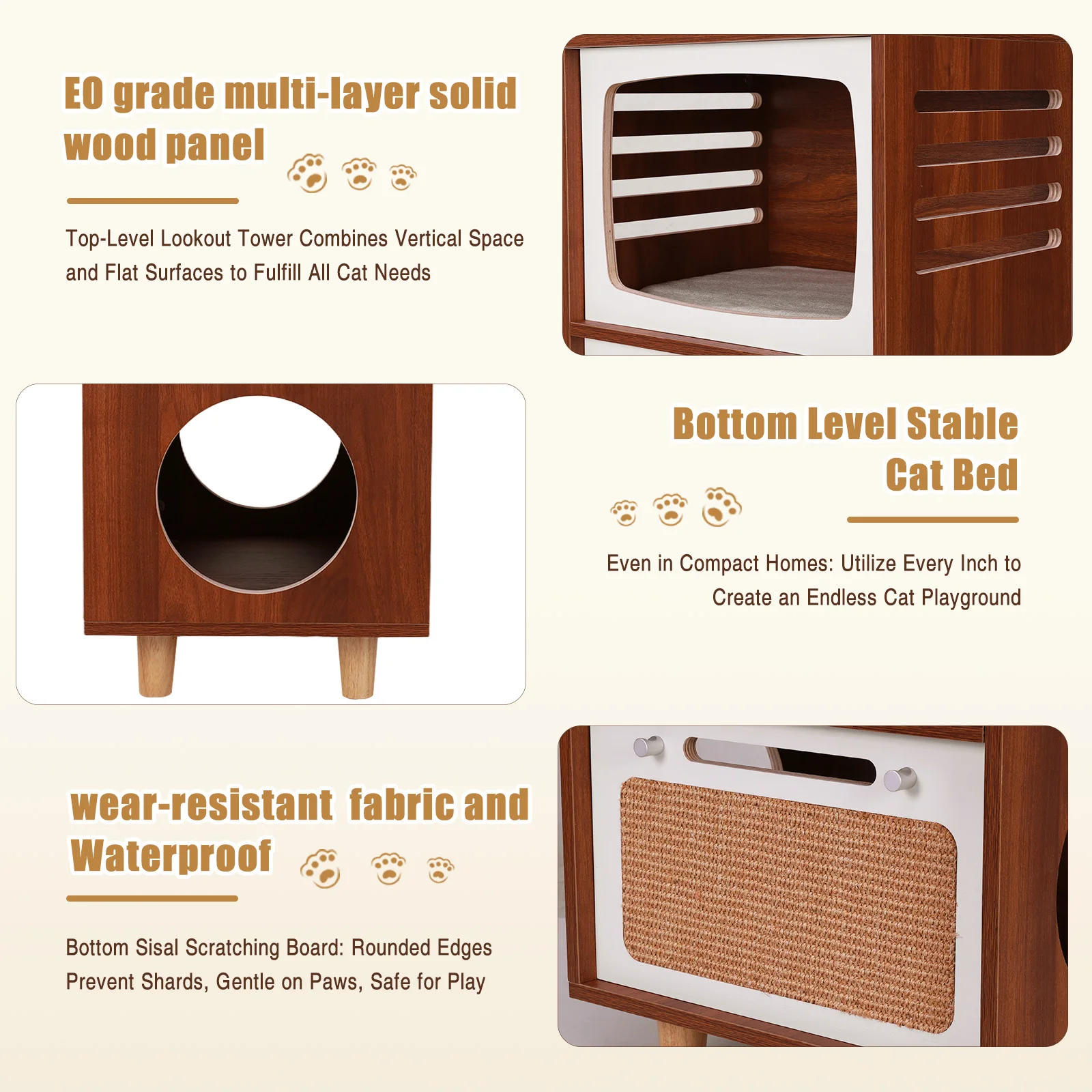 

Многоуровневый игровой центр для кошек в ретро-стиле с 2-ярусной лежанкой, когтеточкой и дышащим покрытием для игровой зоны питомца, маленькое гнездышко