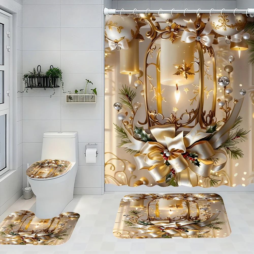 

4pc Christmas bath curtain set, 2D flat printed bathroom partition curtains, modern home curtain decoration