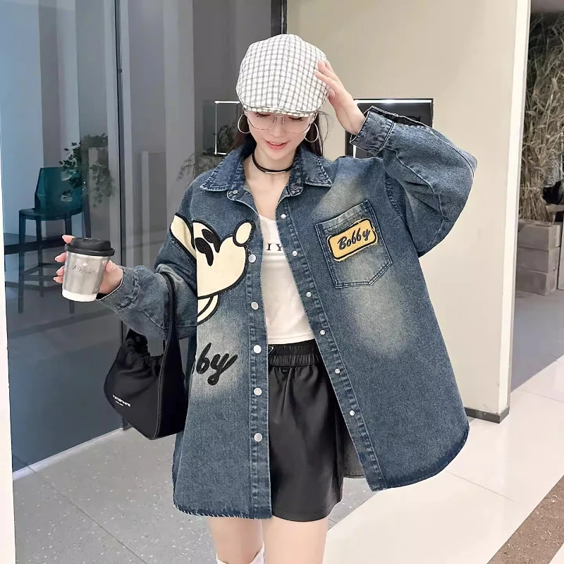 빈티지 워싱 데님 셔츠 여성용 럭셔리 하이엔드 루즈 슬라우치 홍콩 스타일 미드 길이 트렌치 코트 가디건 아우터웨어