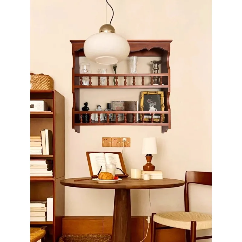 Medieval style solid wood wall dish rack coffee shop restaurant retro wall storage rack display case
