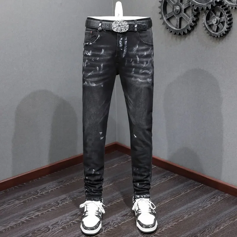 Fashion Streetwear Men Jeans Retro Black Gray Stretch Skinny Fit Ripped Printed Jeans Men Painted Designer Hip Hop Brand Pants