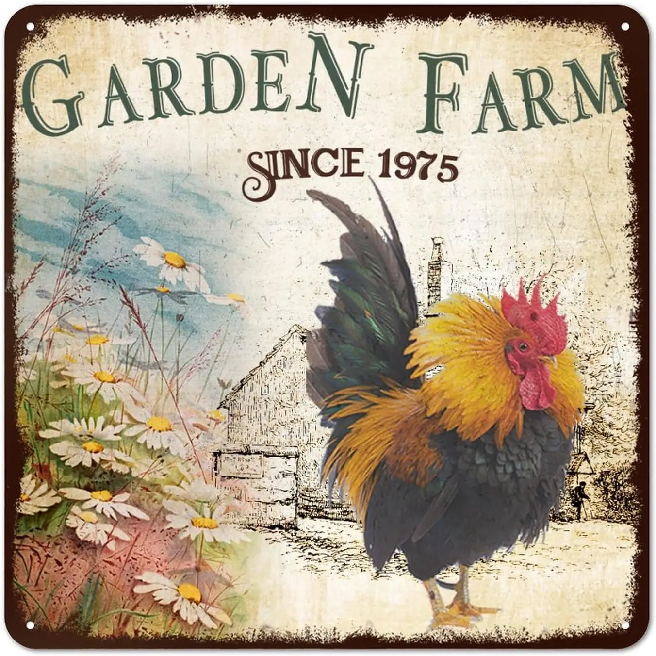 Metal Signs Vintage Garden Sign - Garden Farm Since 1975 Rooster Sign Tin Sign Floar Rust Metal Sign Hanging Decoration