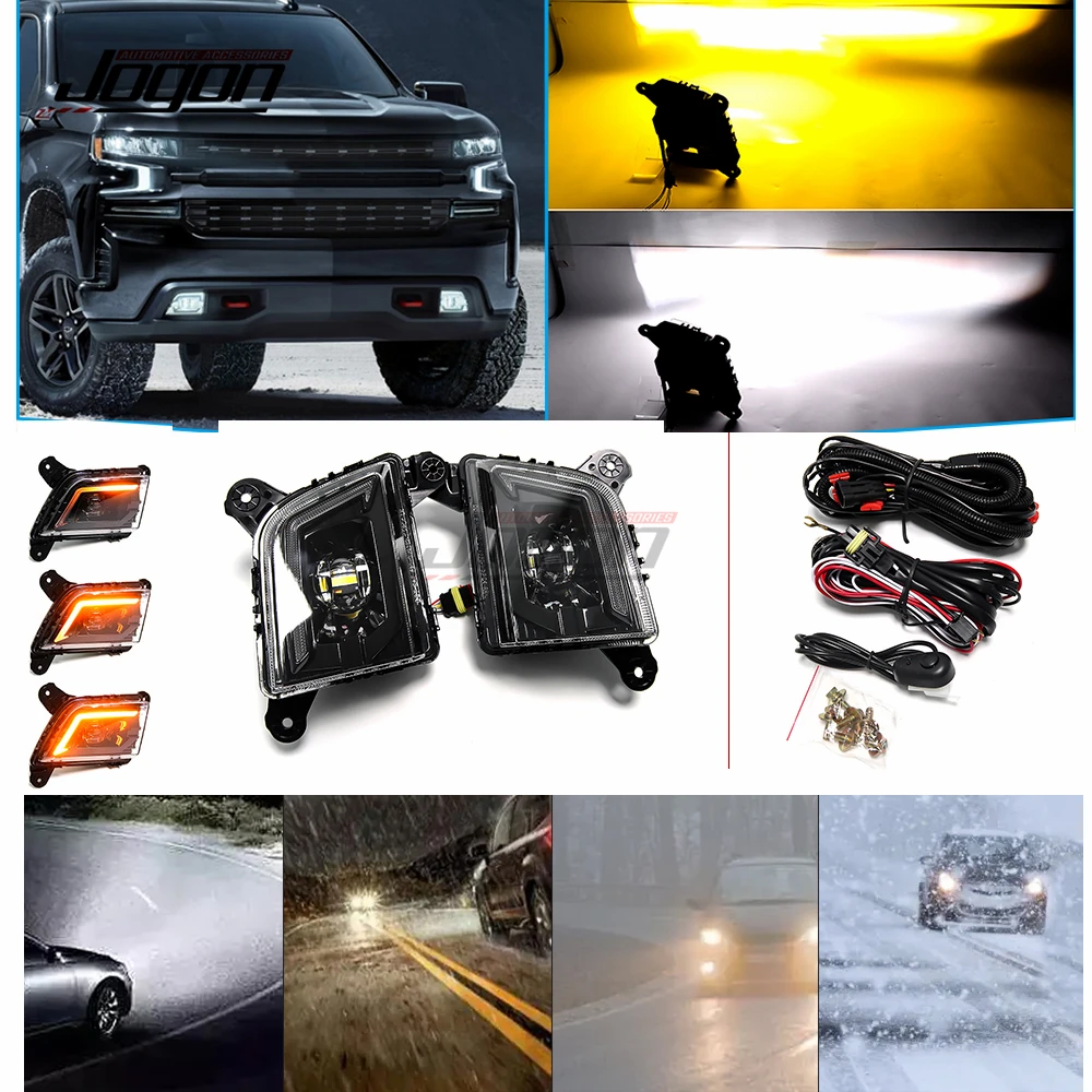 2 Color Front Bumper LED Dynamic Fog Light Lamp Day Running Light 2PCS For For Chevy Silverado 1500 2500 3500HD 2019-2023