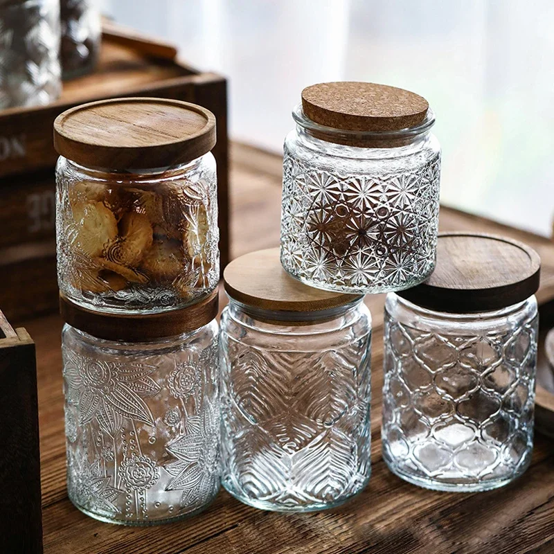 Glass Jars Retro Styles Glass Seal Jars Bamboo Lids Food Candy Tea Storage Containers Honey Pot Nordic Relief Spice Jar Bottles