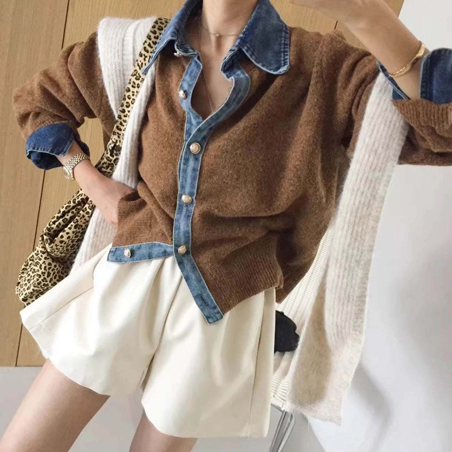 

Gagarich Design Sense Spliced Denim Lapel Soft Sticky Knitted Sweater Jacket Women 2025 Autumn New Casual Versatile Top