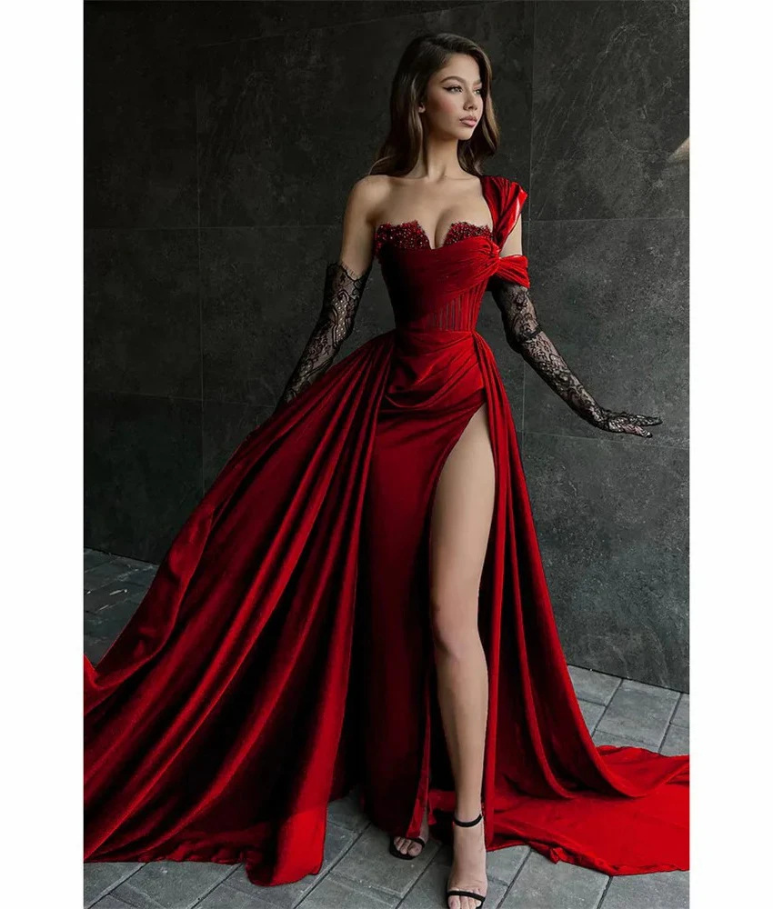 

MCDV Customized Sexy Satin A-Line One Shoulder Sequined Beading Lace Evening Dress High Quality Sweetheart After Party Dress