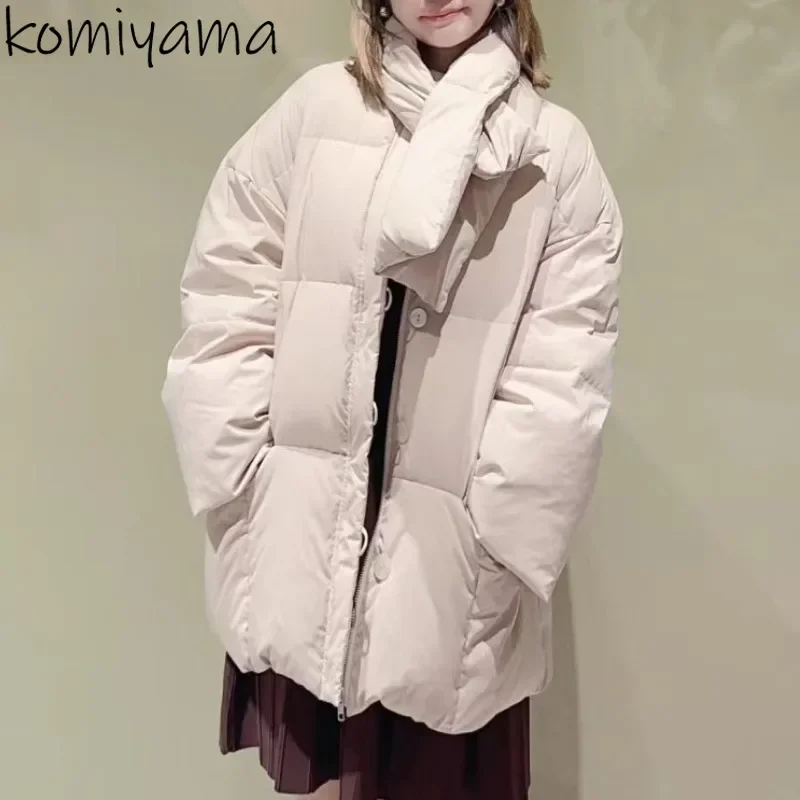 2025 New Woman Outerwears Japanese Duck Down Loose Abrigos Invierno Winter Scarf Jacket Bread Parkas Thicked Warm Coats