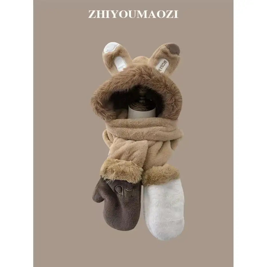 مجموعة قبعة وأذن أرنب قطيفة ووشاح وقفازات - شتاء دافئ 3 في 1 للنساء #1