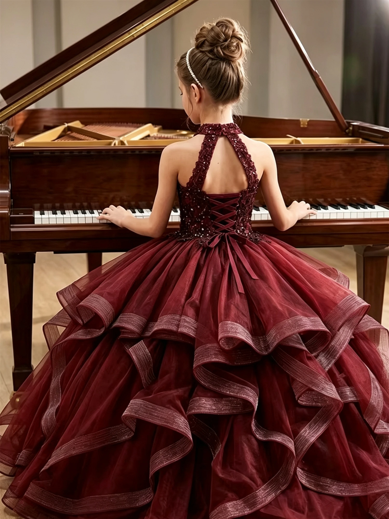 Maßgeschneidertes Blumenmädchenkleid für Hochzeiten, Glitzerndes, gestuftes, ärmelloses, bodenlanges, elegantes Kleid für Kindergeburtstage und Erstkommunion.