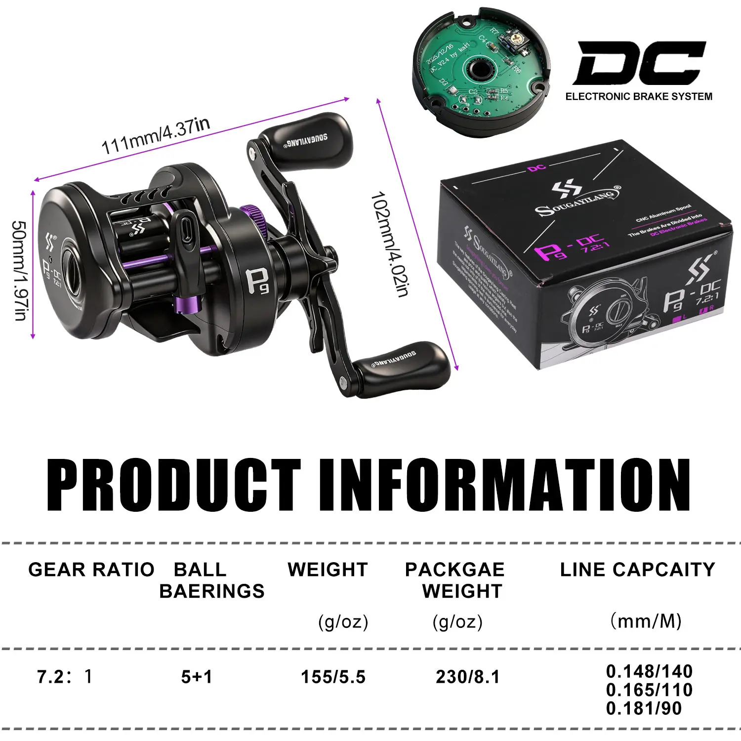 Sougayilang P9 DC Baitcaster-Rolle mit elektronischer Bremse, Übersetzungsverhältnis 7,2:1, 5+1BB, Anti-Explosion-Schnur, Salzwasser- und Süßwasser-Angelrolle – Detail 4