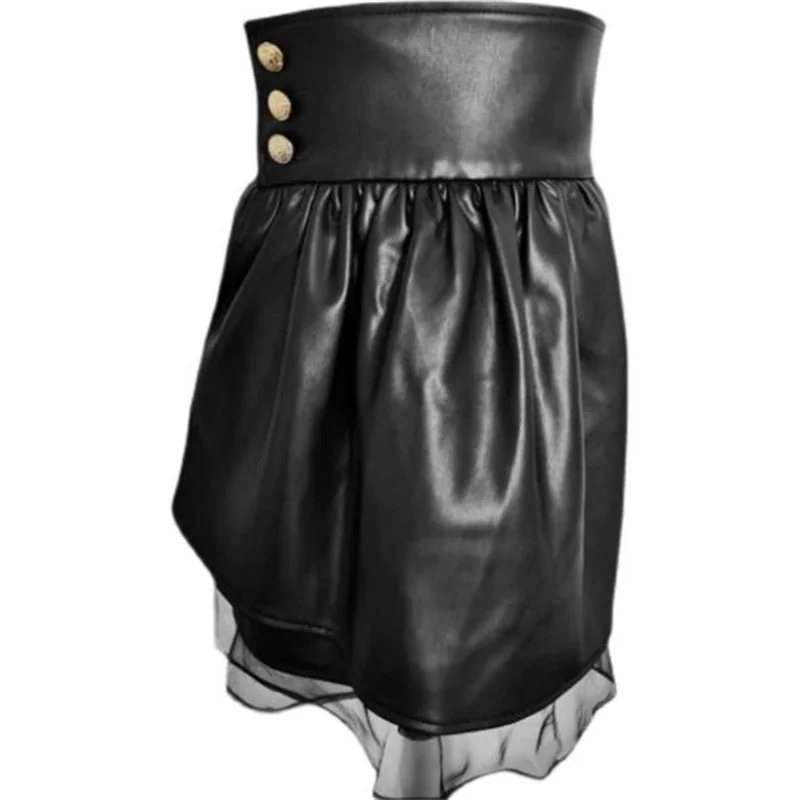 New A-line skirt high waist casual skirt fashion mesh stitching pu leather short skirt women