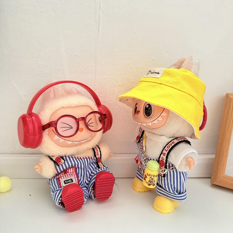 

Комплект одежды Little Explorer для Labubu 1-го, 2-го, 3-го поколения, полосатый комбинезон 17 см с карманом, шляпа, ботинки, очки, бутылка для воды