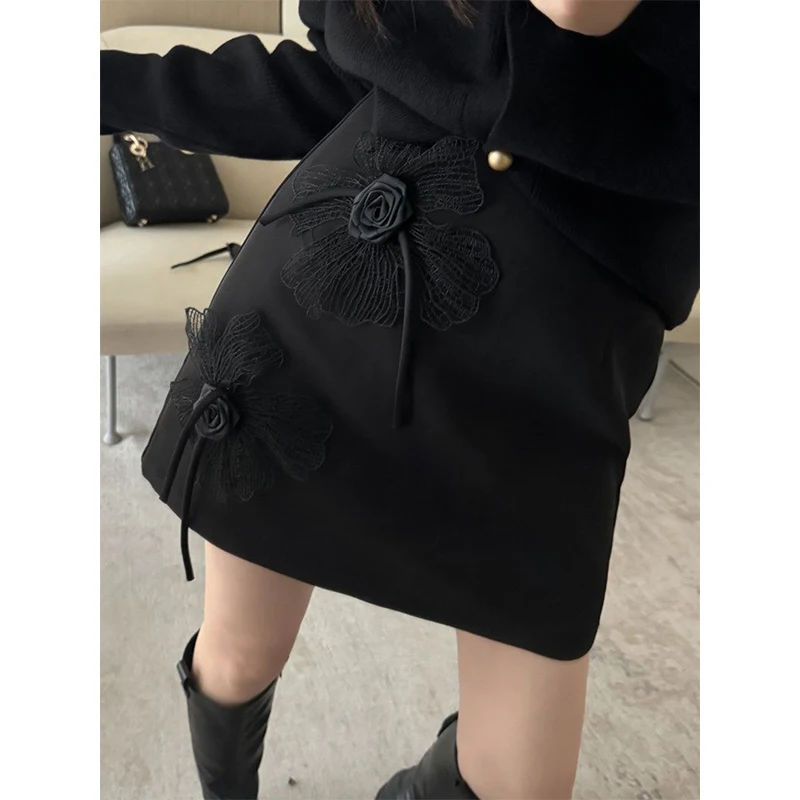 

Vintage Black Mini Skirt Women Elegant Floral Suit Skirts Summer Ladies Streetwear Korean High Waist Slim Design A Line Faldas