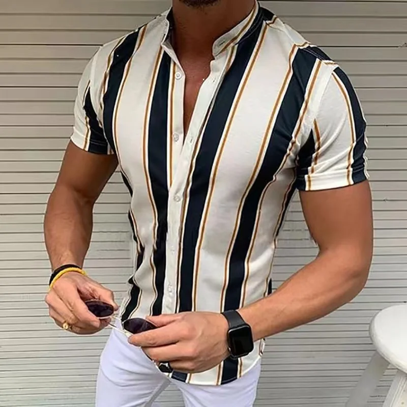 Men\'s Luxury Shirt Social Nightwear Striped Fashion Shirt with Button Men\'s Short sleeved Shirt Clothing