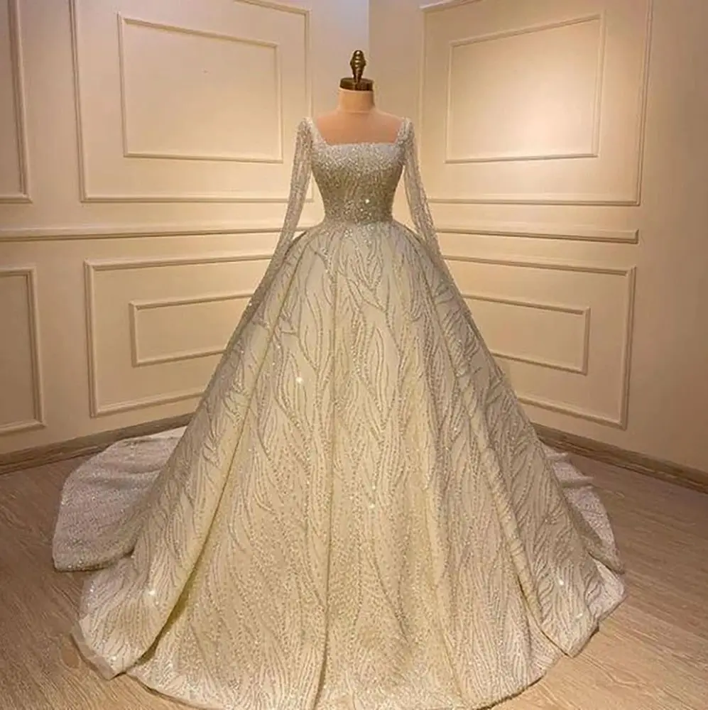 Elegant and Generous A-Line Square Neck Wedding Dress High Quality Pearl Embroidery Materials Custom Made Gown Vestido de novia