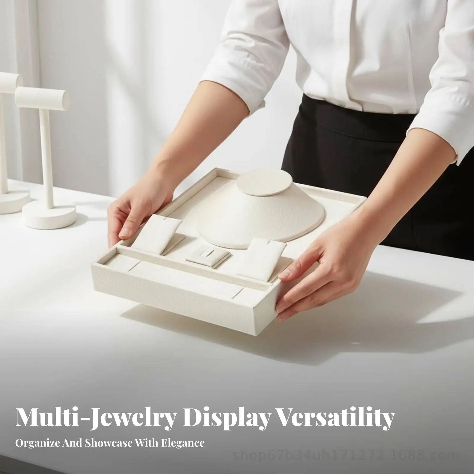 Jewelry Organizer Tray Display Stand with Necklace Bust Earring Holder Ring Slot Bracelet Bar Velvet Microfiber Storage Case for