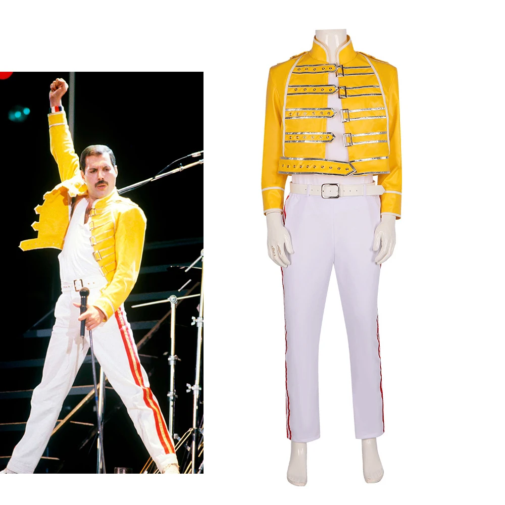 

Lead Vocals Freddie Mercury Cosplay Adult Men White Uniform Suit Yellow Jacket Halloween Carnival Stage Performance Costume