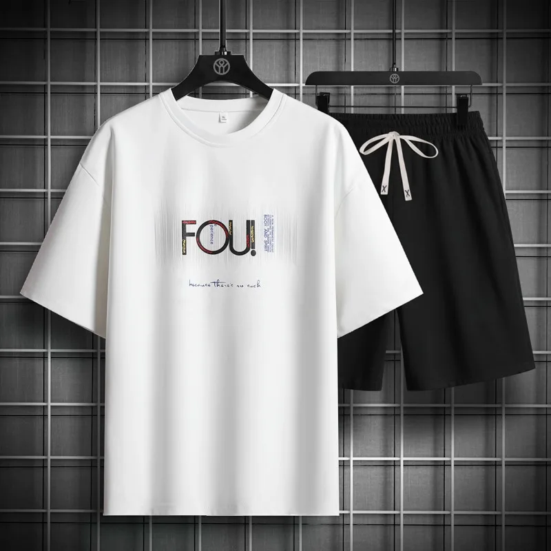 

Men Japanese Simple Two Piece Outfits Summer Loose Letter Print Casual Plus Size Tracksuit Sets